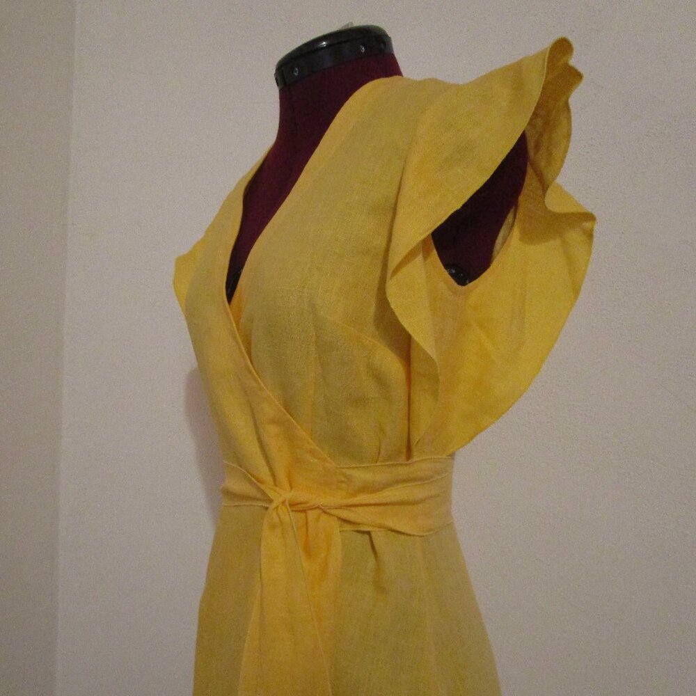 Custom Made Yellow Linen Wrap Dress w/ Butterfly Sleeves